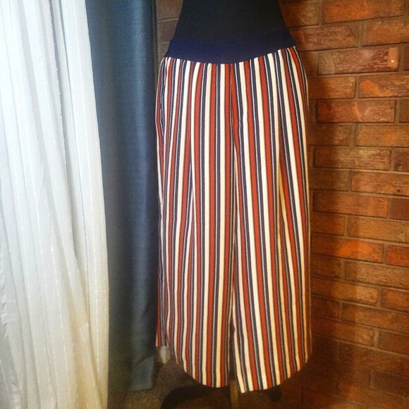 Zara Pants - ZARA Women's Navy/Dk Orange/White Striped Cropped Wide Leg Flowy Pants - Size M